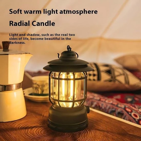 Tentlampen - Camping Lantaarn - Tent Lamp - Outdoor - Draagbare Kampeerlamp - Tentlamp - Acculamp - LED Lamp - Retro Camping Lamp Oplaadbaar LED - Noodpakket - Buiten Lantaarn - Ophangbaar - Oplaadbaar - Zwart — afbeelding 3
