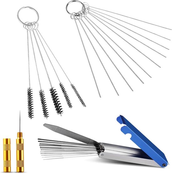 Kit de nettoyage de carburateur - Nettoyant pour Brander en acier inoxydable - Éliminateur de débris de carbone du carburateur - Set de 13 fils de nettoyage + 10 aiguilles de nettoyage + 5 Brosses en nylon + 1 tournevis