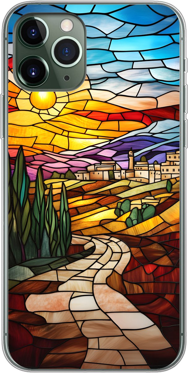Telefoonhoesje Geschikt voor iPhone 11 Pro hoesje - Mozaïek - Zon - Landschap - Dorp - Siliconen Telefoonhoesje Telefoonhoesje