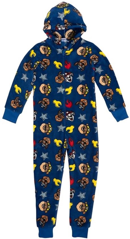 Blauwe onesie met capuchon, bedrukt met Paw Patrol-personages, botten, vuur en sterren.