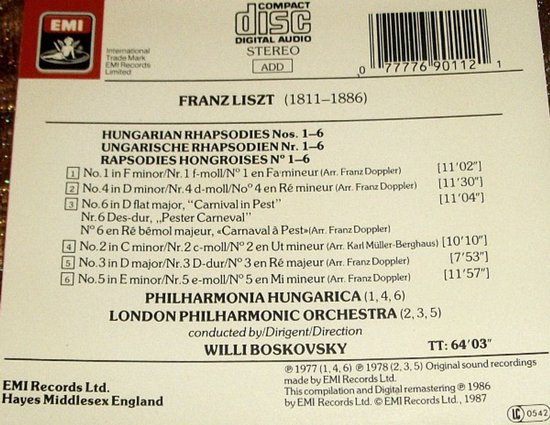 Achterkant van een cd met tekst over Liszt Hongaarse Rapsodieën Nos. 1-6, Philharmonia Hungarica, London Philharmonic Orchestra, Willi Boskovsky.