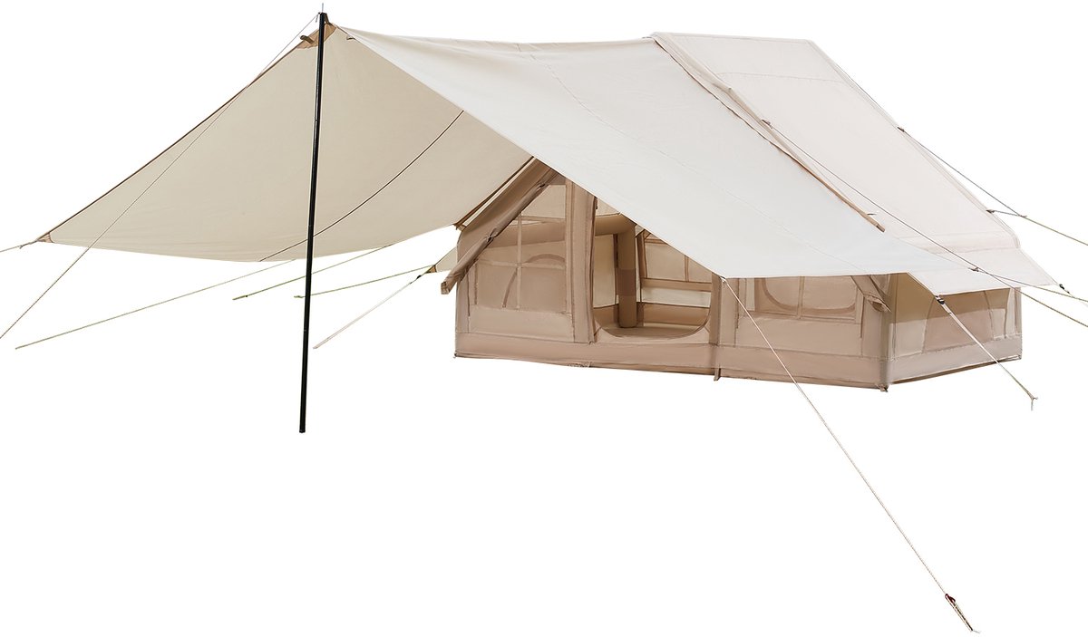 Opblaasbare Kampeertent 3x2x2 M, Geschikt voor 3-5 Personen, 300d Oxford Stof voor Alle Seizoenen, Glamping Tent met Luifel, Handpomp, Ovenopening, 2 Deuren & 2 Gaasramen – foto 2
