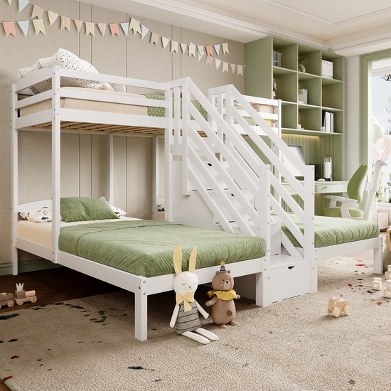 Lit Superposé 2 à 3 Places Avec 5 Tiroirs – Bois Blanc, Matelas 120x200 Inclus