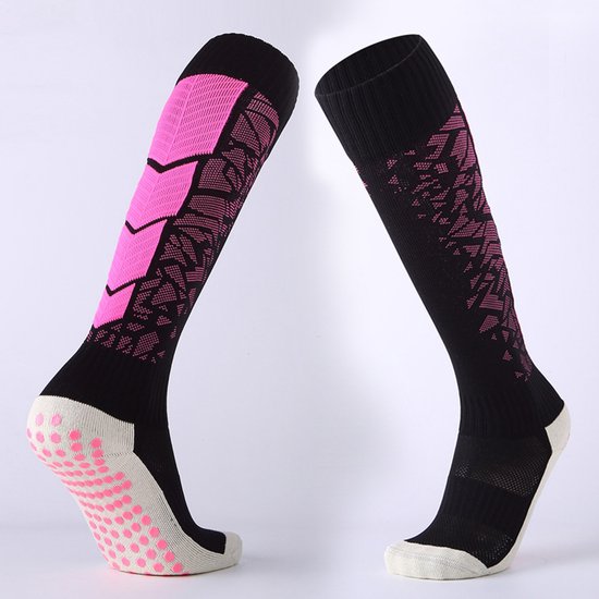 2 paar - hoge antislip voetbalsokken met lange gestippelde sportsokken/zweetabsorberende, ademende, verdikte handdoekensokken voor volwassenen/antislip, slijtvaste overknee voetbalsokken/één maat Roze en Zwart