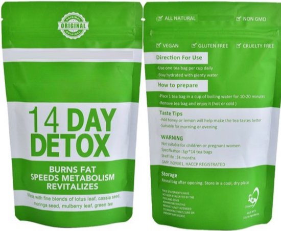 Voor- en achterkant van een groene en witte verpakking van 14 DAY DETOX thee met productinformatie.