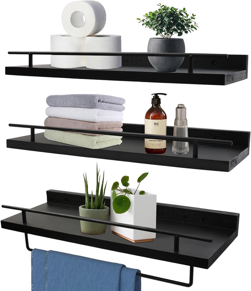 Wandplank met handdoekhouder 3-delig - Belastbaarheid 20 kg - Zwart - 5 x Haken - Zwevend - 40 cm - Voor badkamer, keuken, slaapkamer
