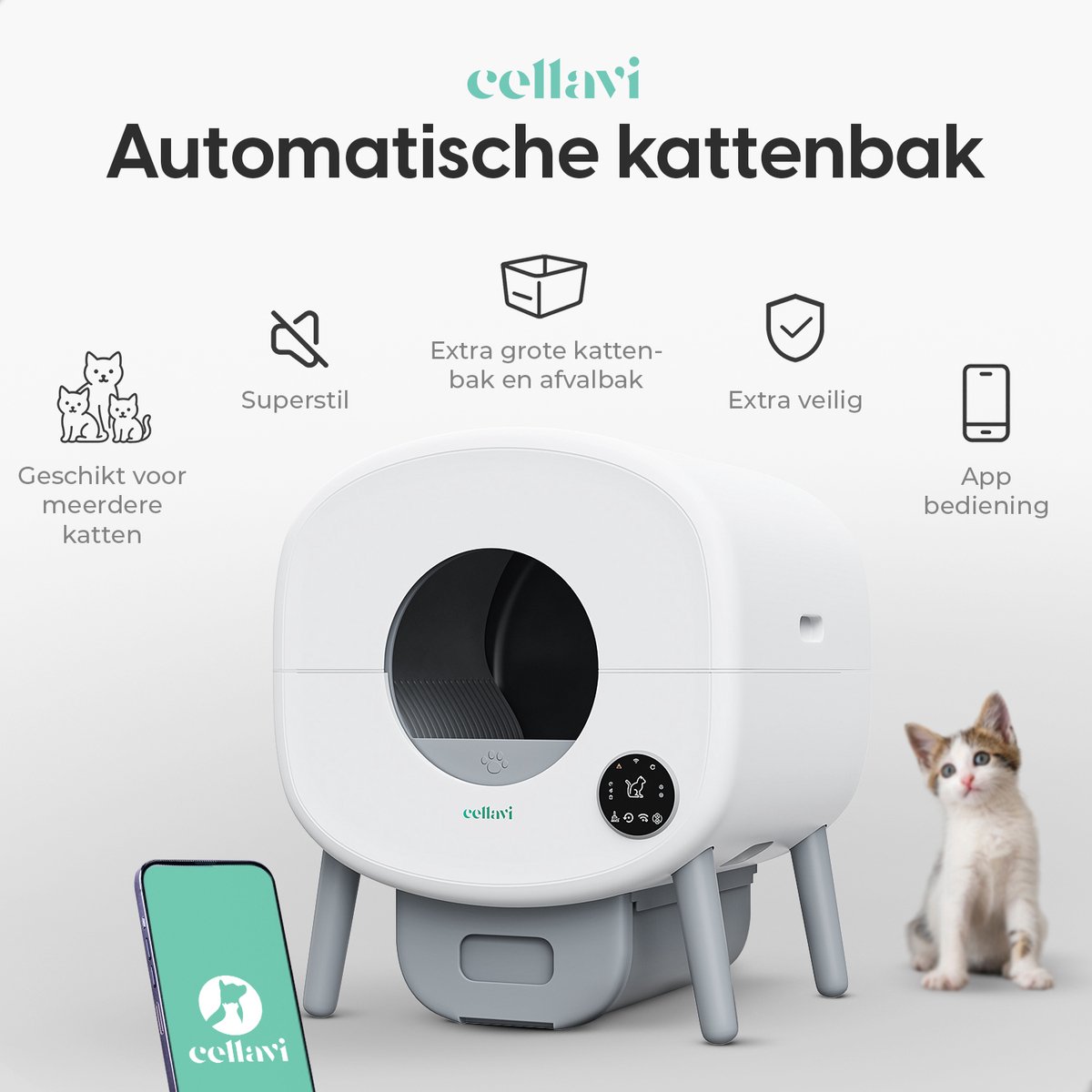 Cellavi Zelfreinigende Kattenbak NEO-B - Automatische Kattenbak met App - Extra Groot XXL (95L) - Stankvrij - LED Verlichting - Voor 1 t/m 3 Katten thumbnail 8