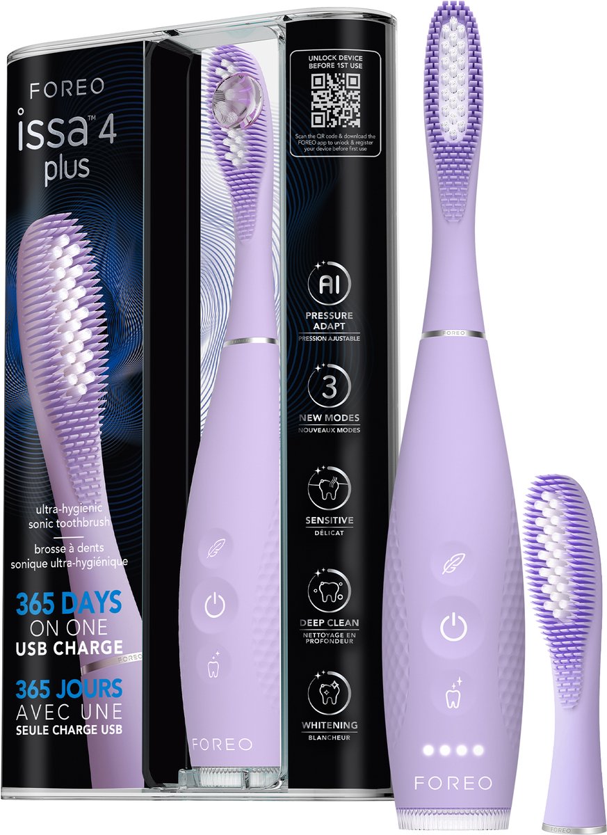 FOREO issa 4 plus sonische elektrische tandenborstel – 4-in-1 AI-gestuurde oplaadbare set met extra siliconen- en polymeren borstelkop, zachte haren, tandenverlichting en ultra-hygiënische reiniging - Lavander