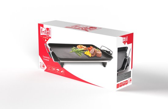 Verpakking van een Fritel GT 1375 grillplaat. Toont de grillplaat met biefstuk en groenten. Rechts de grillplaat en productinformatie.