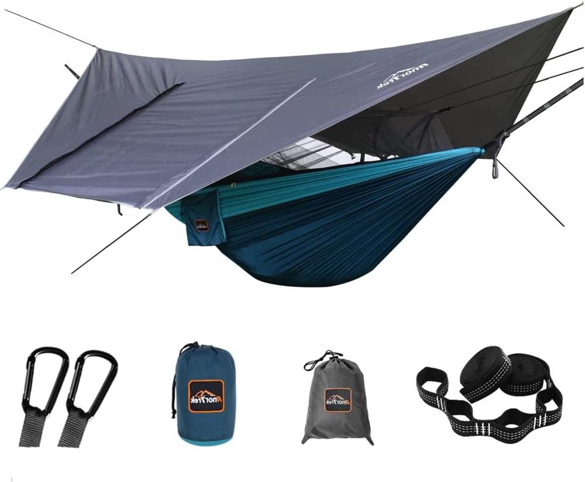 Camping Hammock with Mosquito Net Waterproof Rain Fly Tarpaulin Portable Double - Two Tree Straps 210T Nylon for Hiking and Backpacking