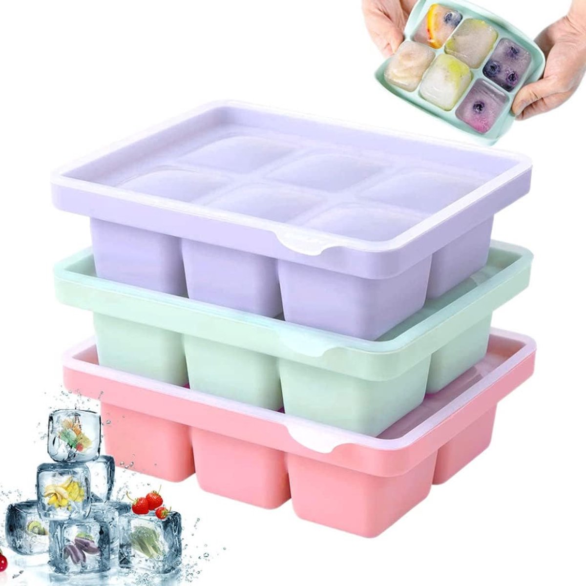 IJsblokjesvormen - 3-delige siliconen ijsblokjesvorm - ijsblokjesvormen - met deksel - vaatwasmachinebestendige - 3x6 cellen - Geschikt Voor bier, cocktails, whisky, koude dranken, ijs, babysnacks - groen/paars/roze