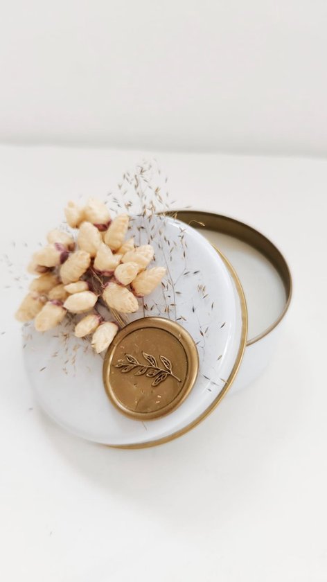 Minis Gifts | Kaars in Blik met Droogbloemen en Gouden Waxzegel – Stijlvol Cadeau voor Kerst, Verjaardag of Bruiloft