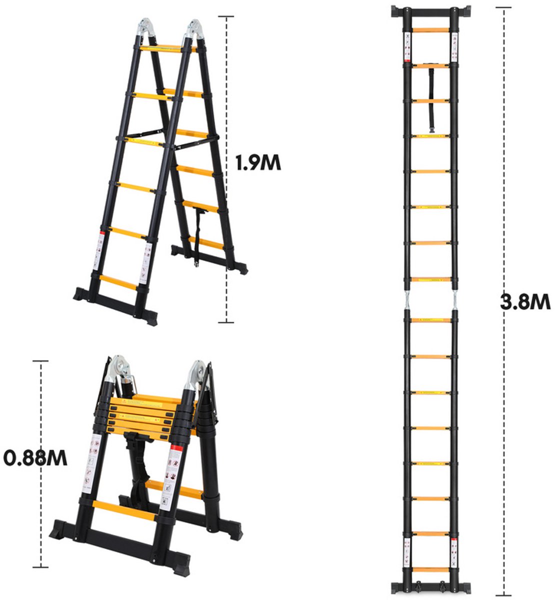 Telescopische Vouwladder 1,9m+1,9m- Telescopische Ladders Geel zwart Multifunctionele ladder – foto 4
