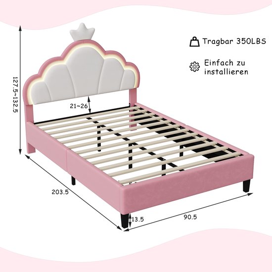 Lit enfant rembourré 90x200 cm avec LED, lit simple fille, lit ado avec tête de lit réglable en hauteur et sommier à lattes, lit princesse en velours rose (sans matelas)