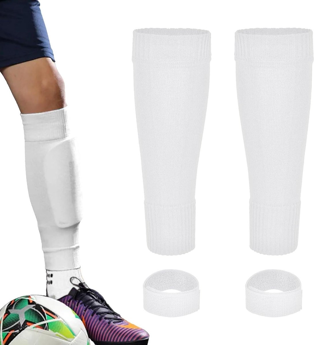 Allecto Plus - Kinderen Voetbal Been Mouw met Scheenbeschermers - Wit - Geschikt voor Kinderen 6-8 jaar - Beste Alternatief voor Voetbalsokken - Ideaal voor Voetbal en Atletiek