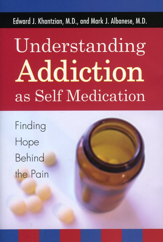 Boek 'Understanding Addiction as Self Medication' met een flesje pillen en tekst 'Finding Hope Behind the Pain'.