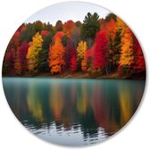 Kleurige herfstbomen en kalm meer - Herfst muurcirkel - Wandobject rond bomen - Realisme - Unieke Forex muurcirkels - Mid-century modern schilderij - muurcirkel forex 80x80 cm