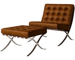 Barcelona Chair + Hocker - Vintage Bruin - Fauteuil - Stoel - Luxe Variant
