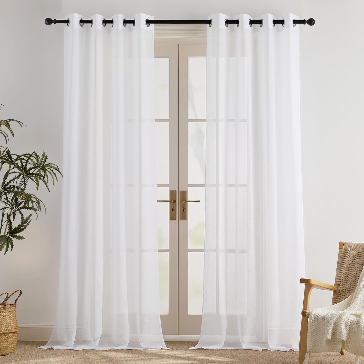 Ibenzoa Witte Transparante Voile Gordijnen Set van 2 - 140x245cm - Linnenlook - Met Inslagringen
