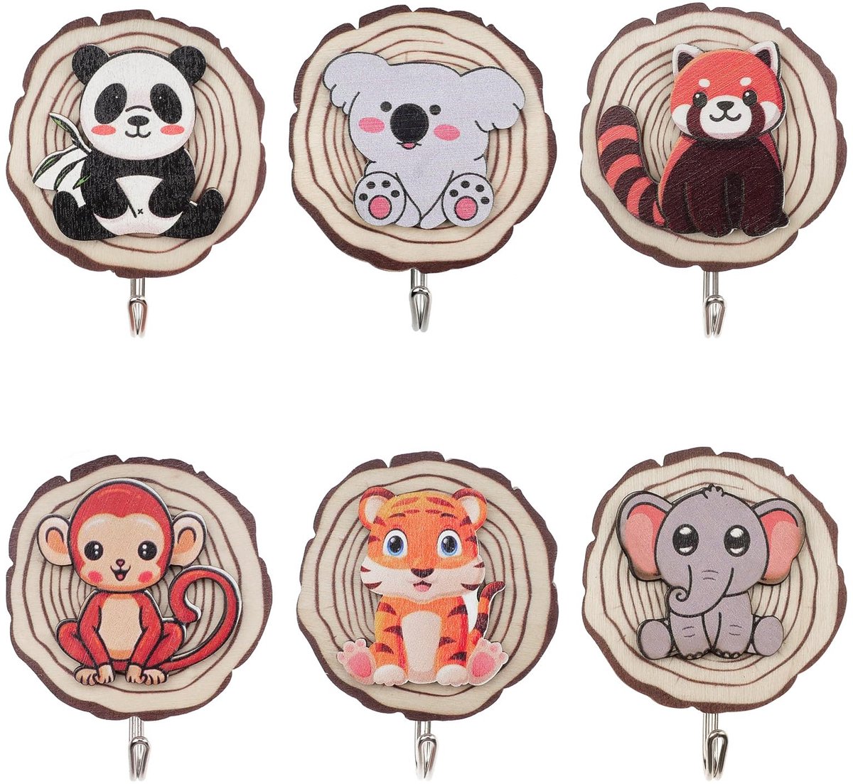 Ibenzoa® Zelfklevende Wandhaken - 6 Dierfiguren Houten Kledinghaak
