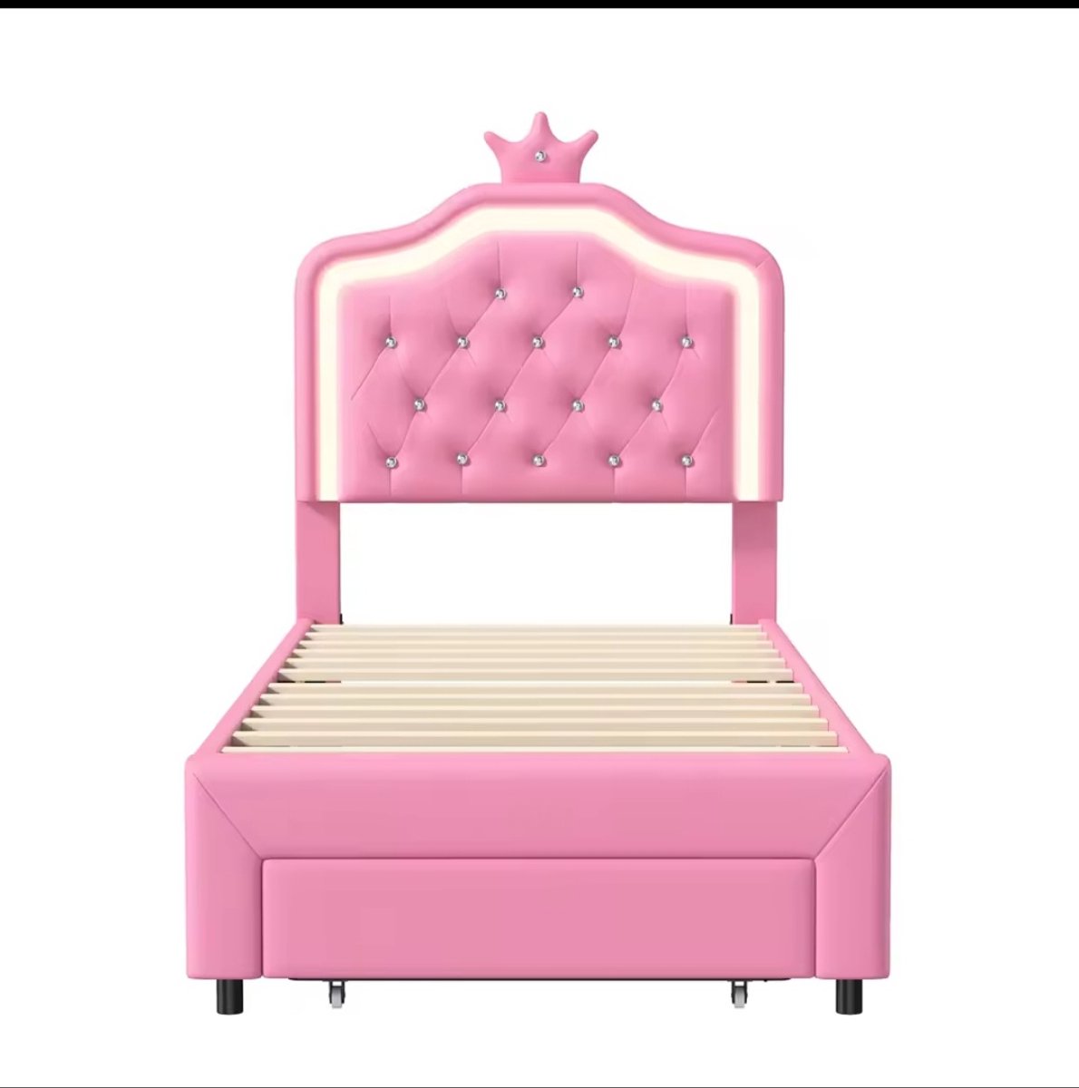 Mila Shop Roze kinderbed - Peuterbed - Eenpersoonsbed - Gestoffeerd - Met lattenbodem - Led verlichting en opbergruimte - Hoofdbord - Roze - 90x200cm