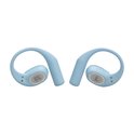 Lichtblauwe JBL Sense Lite oordopjes met oorhaken en zilverkleurige luidsprekergrills.