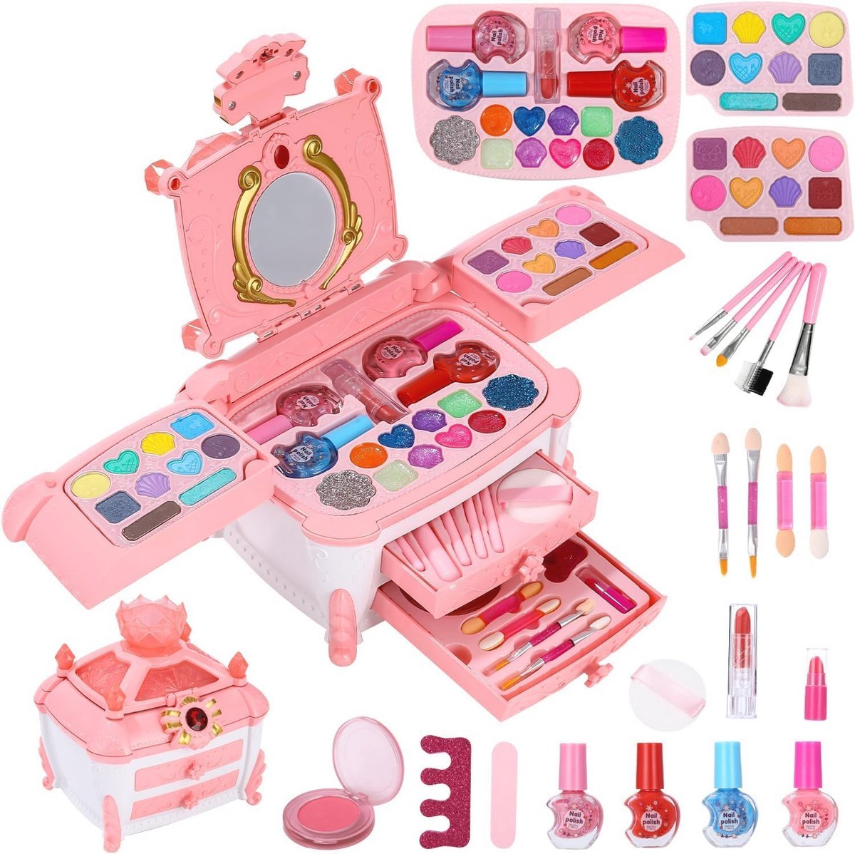 Schminkset voor meisjes - 47-delig, Hypoallergene Make-Up Koffer voor Kinderen, Perfect voor Halloween en Kerstcadeau