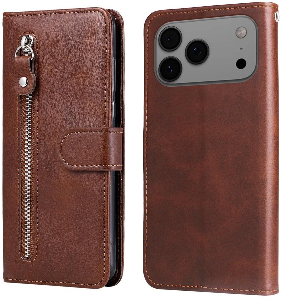 Mobigear Telefoonhoesje geschikt voor Apple iPhone 17 Pro Max Hoesje | Mobigear Zipper Bookcase Portemonnee | Pasjeshouder voor 3 Pasjes | Telefoonhoesje voor Pinpas / OV Kaart / Rijbewijs - Bruin