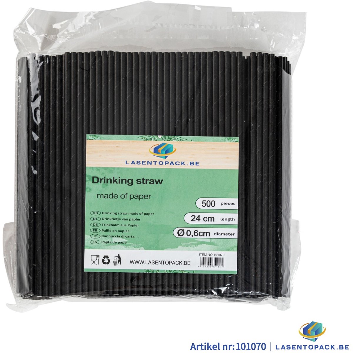 500x BIO Papieren rietjes 6mm x 240mm Zwart