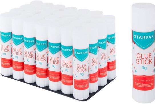 Boîte de plusieurs bâtons de colle Starpak, chacun de 9 grammes, avec des étiquettes rouges et bleues. Un bâton de colle au premier plan.
