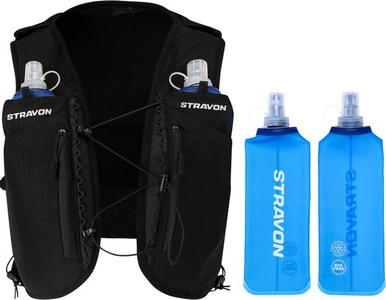 Stravon Running Vest Trail - Hardloopvest - Hardloop - Vest - Rugzak - Reflecterend - Drinkhouder - Telefoonhouder - Inclusief 2 Bidons - Zwart - S