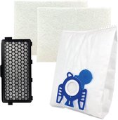 Stofzuigerzak met blauwe adapter, een zwart roosterfilter en twee witte filters.