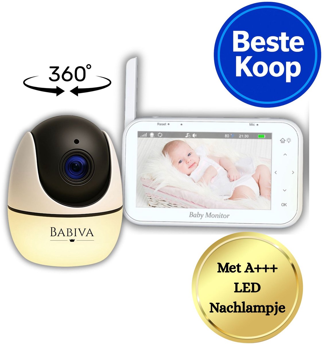BABIVA® Premium Babyfoon met Camera - Full HD - 32 GB Video Opname Zonder SD kaart of Cloud - Baby Monitor - Baby Camera - Tot 4 Camera's - Groot Scherm - Met Nachtlamp Functie - 360° Draaibaar - Bestverkocht - Zacht Lich -4.3 inch Grote Scherm