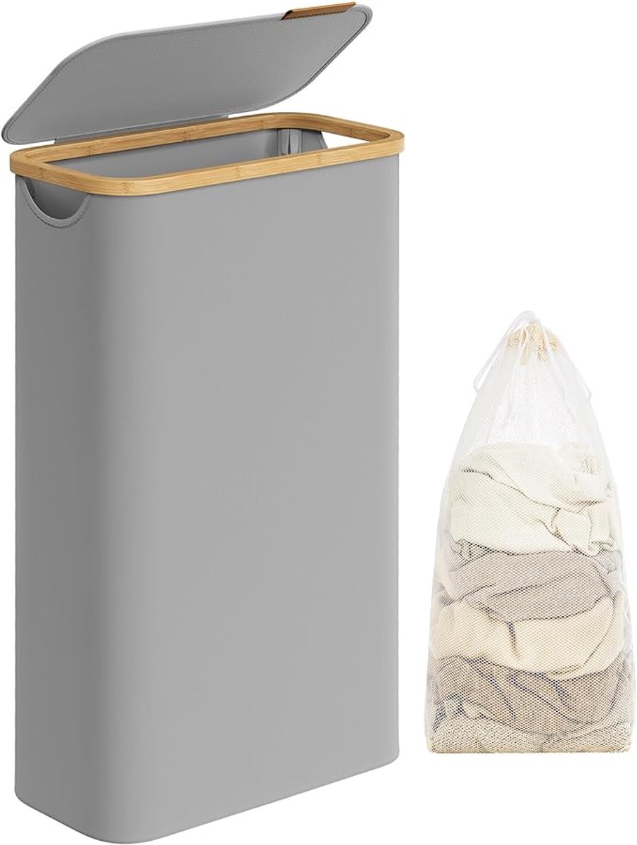 MAZAZU - Wasmand - Met Deksel - 60 Liter - Grijs - 42x22.5x70.5