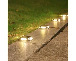 Solar Grondspots - Set van 4 Stuks - Grondspots voor Buiten - 8 LED's - Grondspot Vierkant - Waterdicht - 360 Graden - Warm Wit - Zonnepaneel - Rondom Schijnend - Padverlichting - Opritverlichting - Solar Tuinverlichting - LED