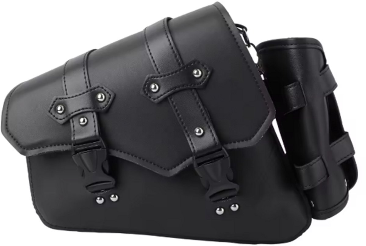 Universele Zwarte Motorzadeltas links met Luxe PU Lederen Bagage Etui & Extra Zijopslag
