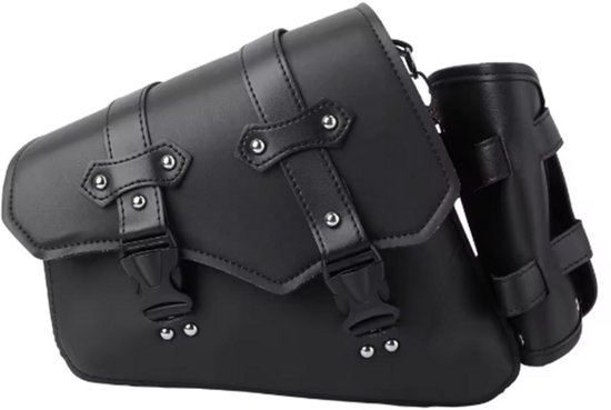 Universele Zwarte Motorzadeltas links met Luxe PU Lederen Bagage Etui & Extra Zijopslag
