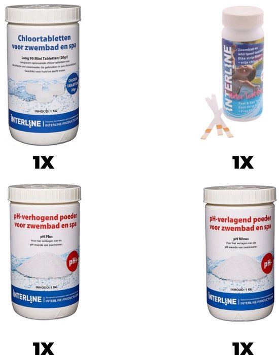 Steinbach Poolpflege Chlor Starterset - 0759001TS - 6-teiliges Komplettset für sauberes Poolwasser - Mit Chlorgranulat, Chlortabletten, Algezid, pH-Minus, Teststreifen & Thermometer