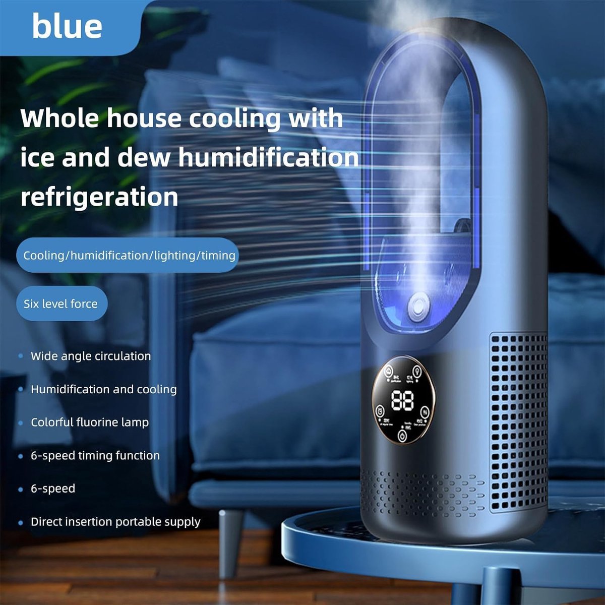 Bladloze Ventilator - Tafelventilator - Aircooler - Luchtkoeler - Tafel Ventilator - Energiezuinige Koeling - Stille Bladloze Ventilator - Aanraakbediening - USB - Draagbare Ventilator - Blauw thumbnail 2