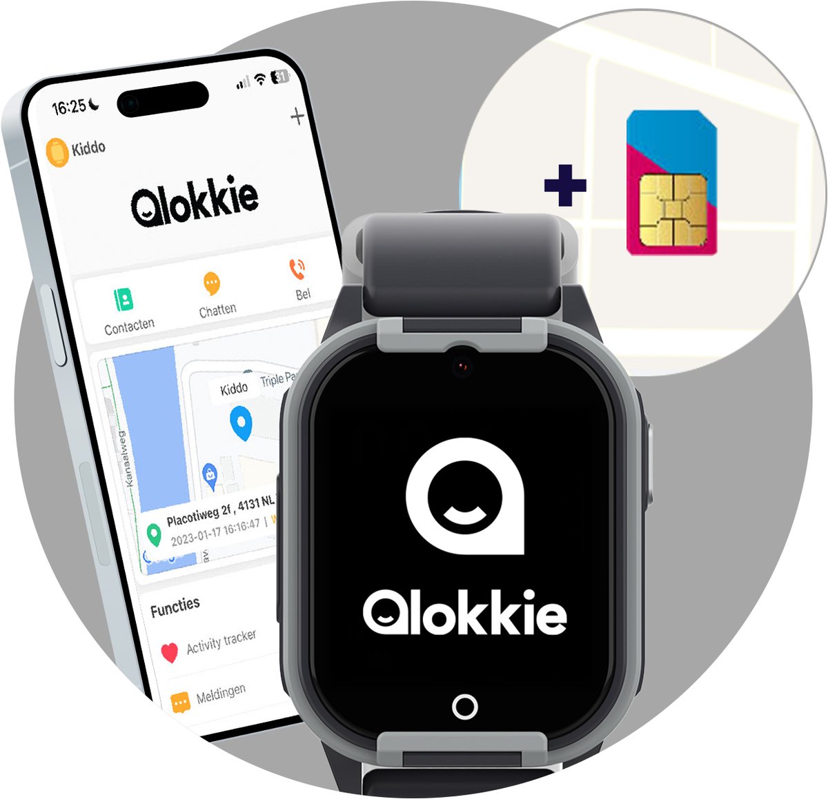 Qlokkie Kiddo Lite - GPS horloge kind - Smartwatch kinderen - GPS tracker kind met nauwkeurige locatiebepaling - GPS horloge kind met simkaart - Stel veilige zones in - SOS functie - Zwart