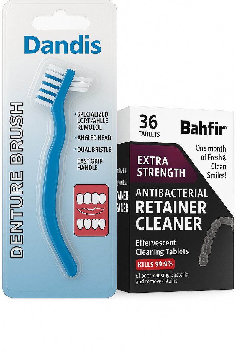 2-in-1 Combi Deal: Kunstgebitborstel & Reinigingstabletten – Voor Kunstgebit, Beugel, Retainer & Prothese – Extra Sterk – 36 Stuks – Verwijdert 99,9% Bacteriën – Frisse Mint