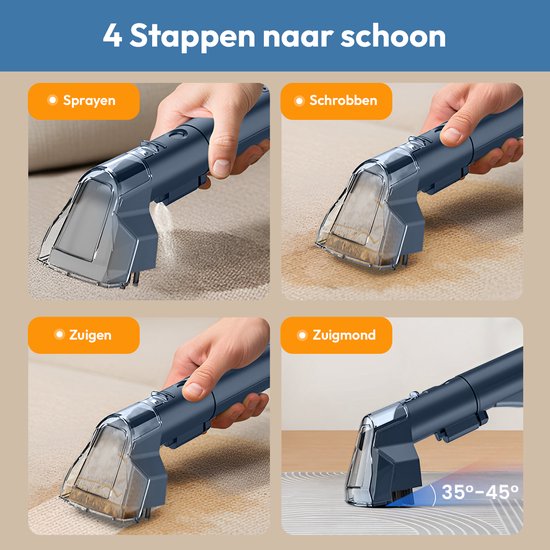Vier stappen: sprayen, schrobben, zuigen en de hoek van de zuigmond (35-45 graden) voor de vlekkenreiniger.