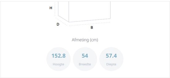 Afmetingen in cm: hoogte 152.8, breedte 54, diepte 57.4.
