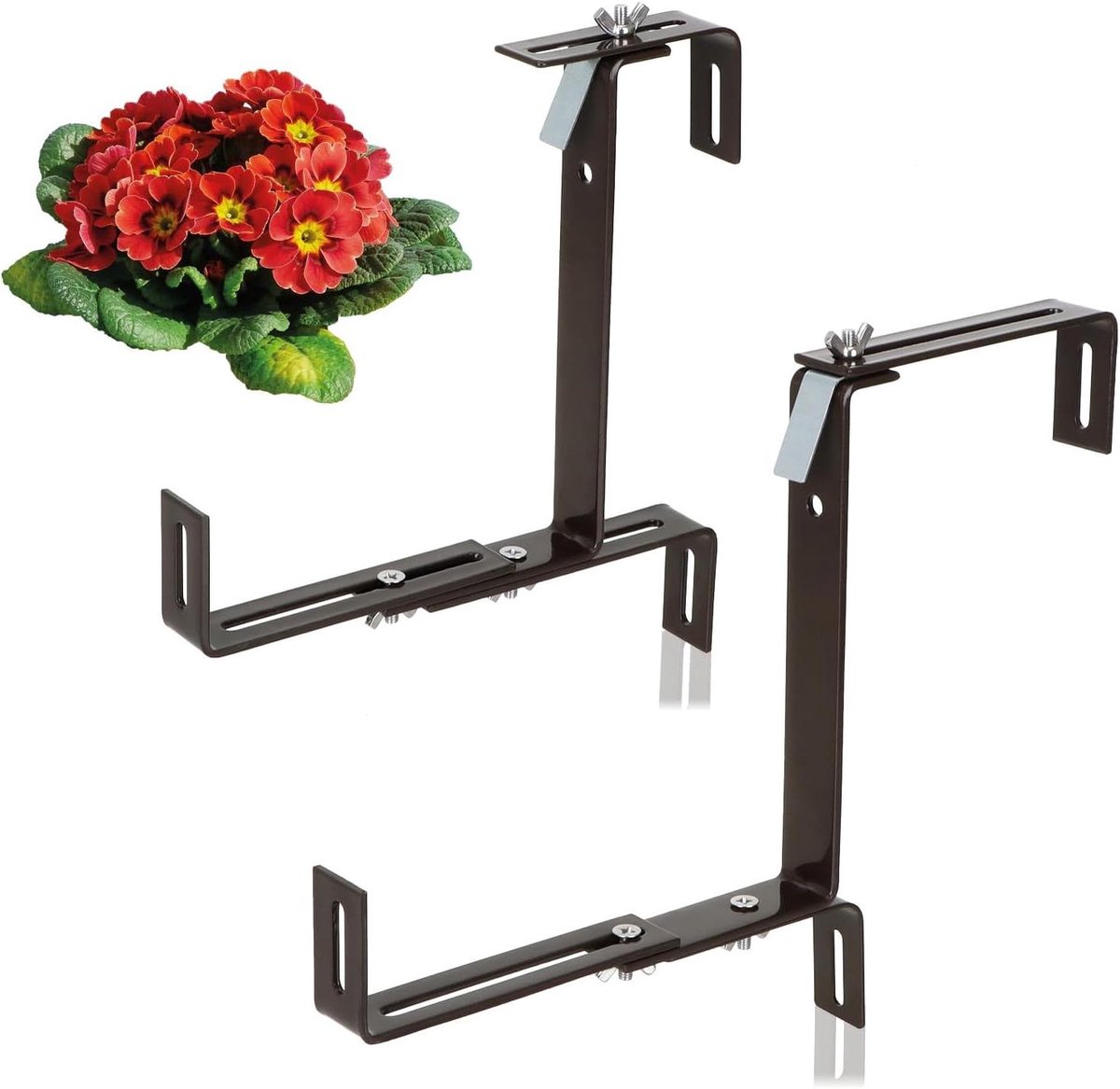 2x Premium bloembakhouders voor balkonbalustrades en balustrades - Flexibele bevestiging van roestvrij staal voor plantenbakken - 2-voudig verstelbaar (2x bruin)