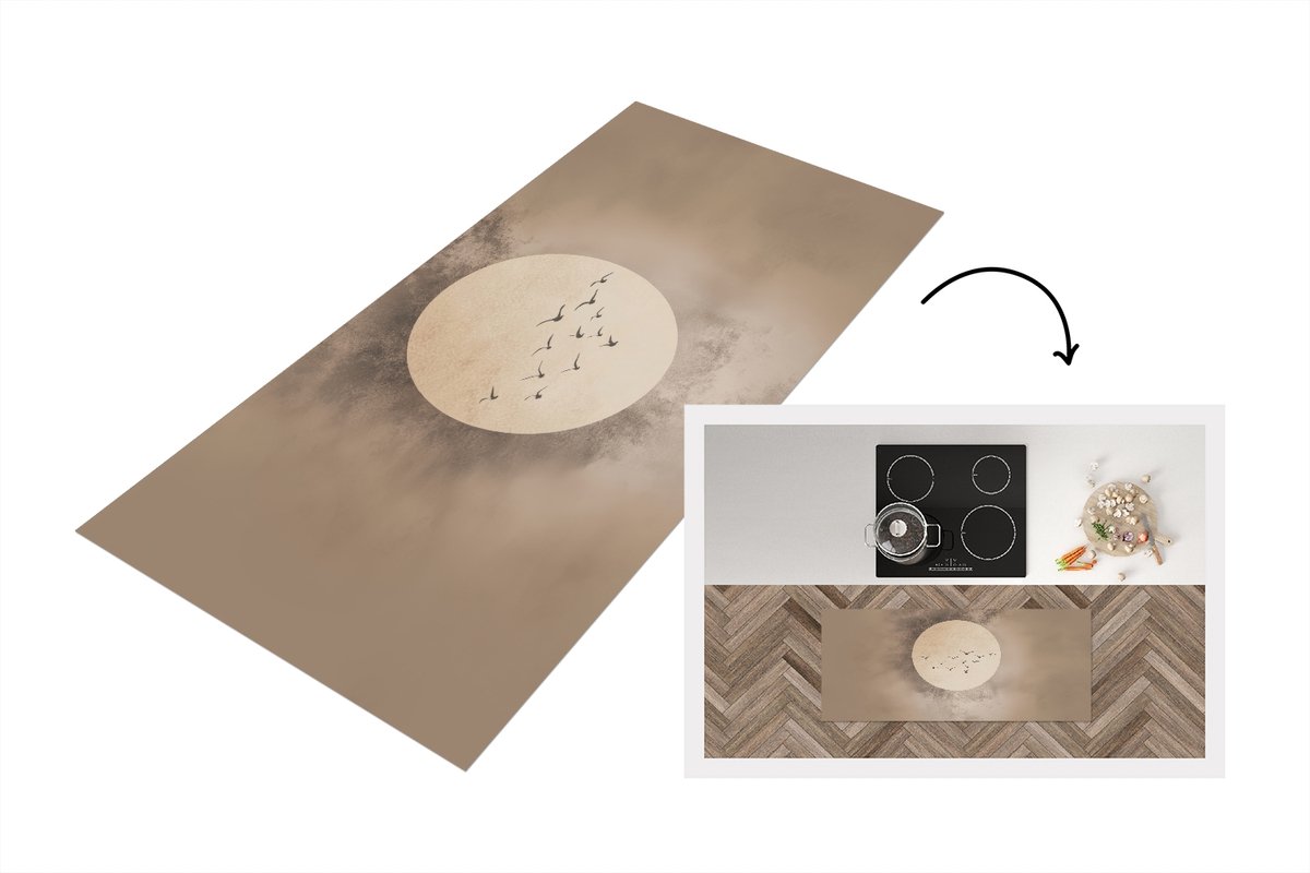 KitchenYeah Keukenloper 120x50 cm - Keukenmat vinyl Vogel - Beige - Japandi - Keukenmatten loper - Keuken vloerkleed tapijt Japandi - Vogels