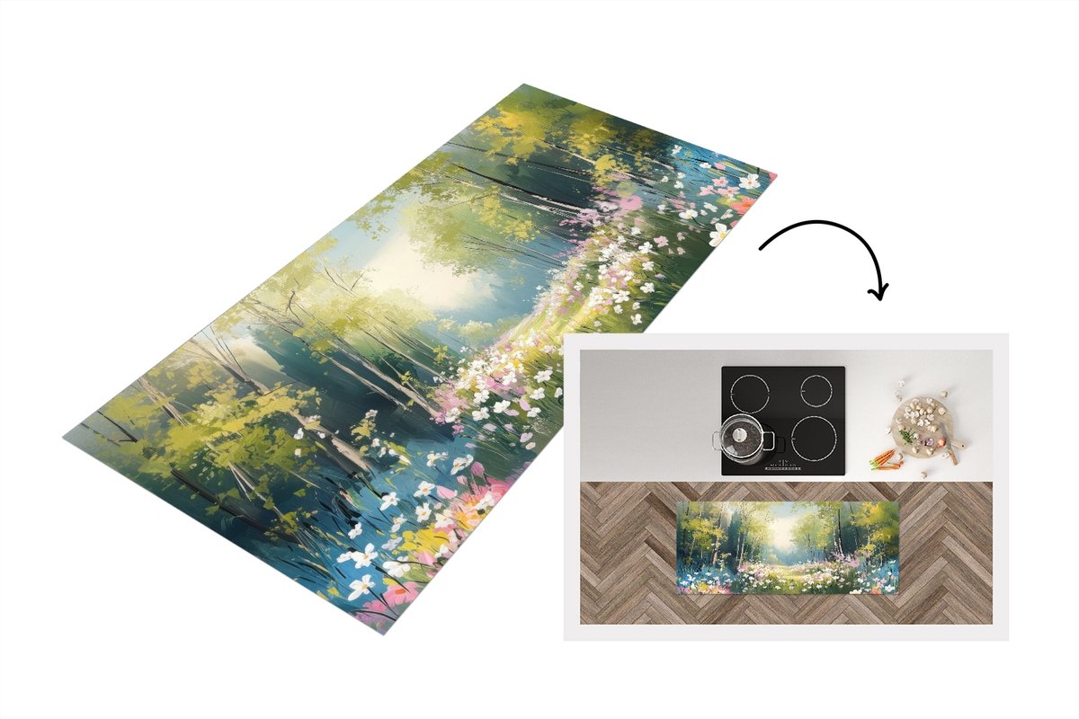 KitchenYeah Keukenloper 120x50 cm - Keukenmat vinyl Bos - Schilderstijl - Kleurrijk - Keukenmatten loper - Keuken vloerkleed tapijt Landschap - Bos