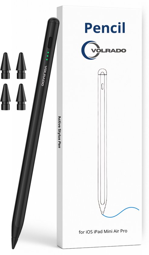Stylus Pencil Pro - Apple Pencil Gebruikers Alternatief - Voor Apple iPads 2018-2025 - Handpalmherkenning - Magnetisch - USB-C Snelladen - 4 Extra Punten - Volrado - Zwart