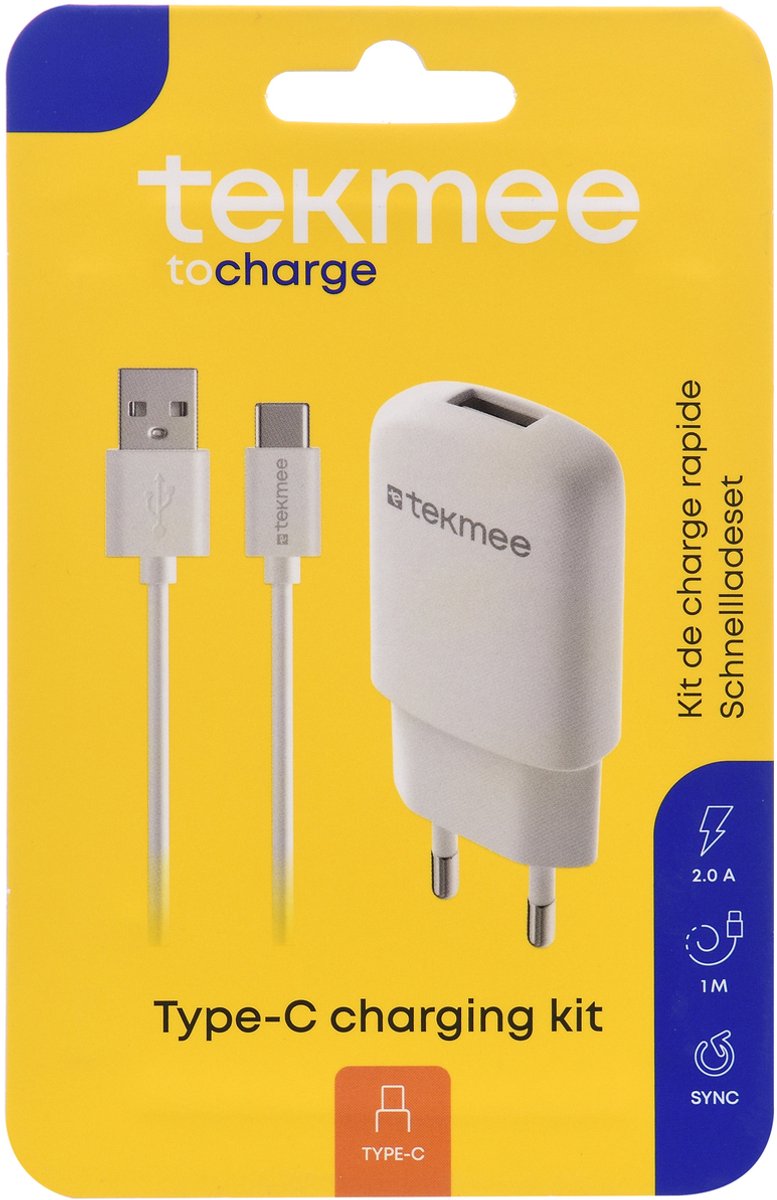 Tekmee USB thuislader set 2.0A met USB-C kabel 1 meter wit.