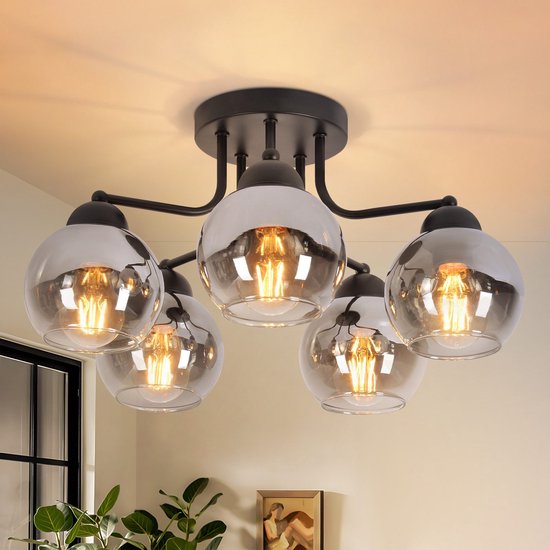 NETTLIFE Plafondlamp E27 - Glas - 5 Lichts - rookgrijs - Vintage Woonkamerlamp - in rookgrijs glazen bol - voor Keuken | Gang | Slaapkamer - MAX.25W