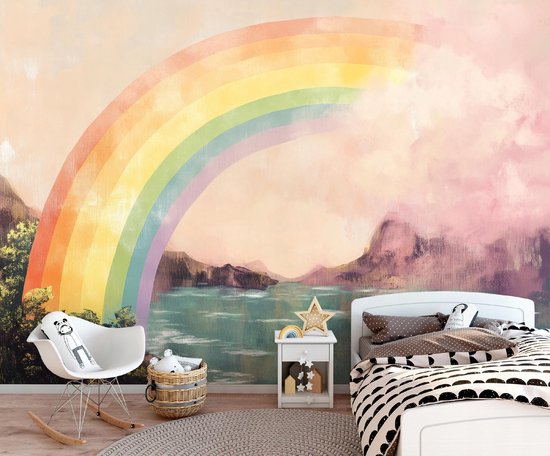 WALLARENA - Fotobehang - 400x280 cm - fotobehang voor meisjes met een regenboog en een meer van vliesbehang